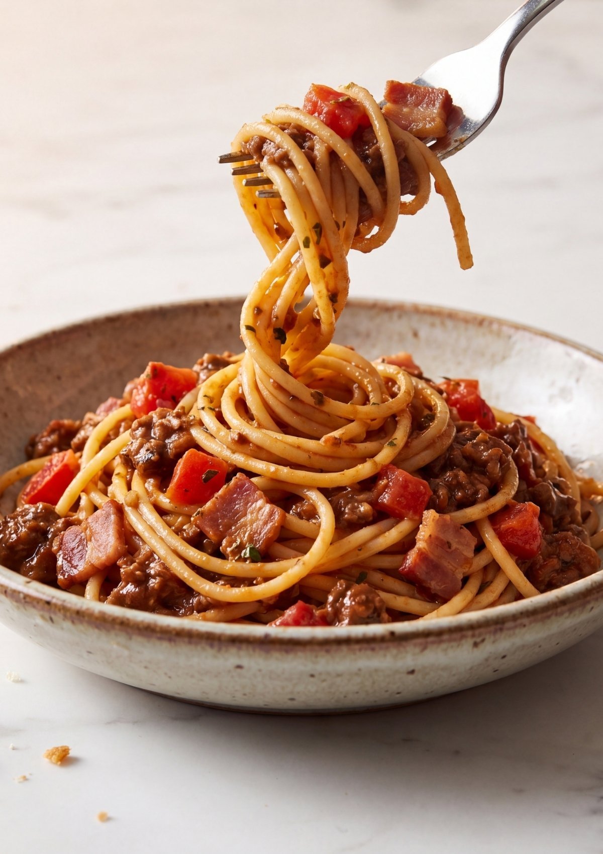 A close-up of a fork twirling a perfect bite of cowboy spaghetti with chunks of beef and bacon over a minimalist ceramic bowl.
