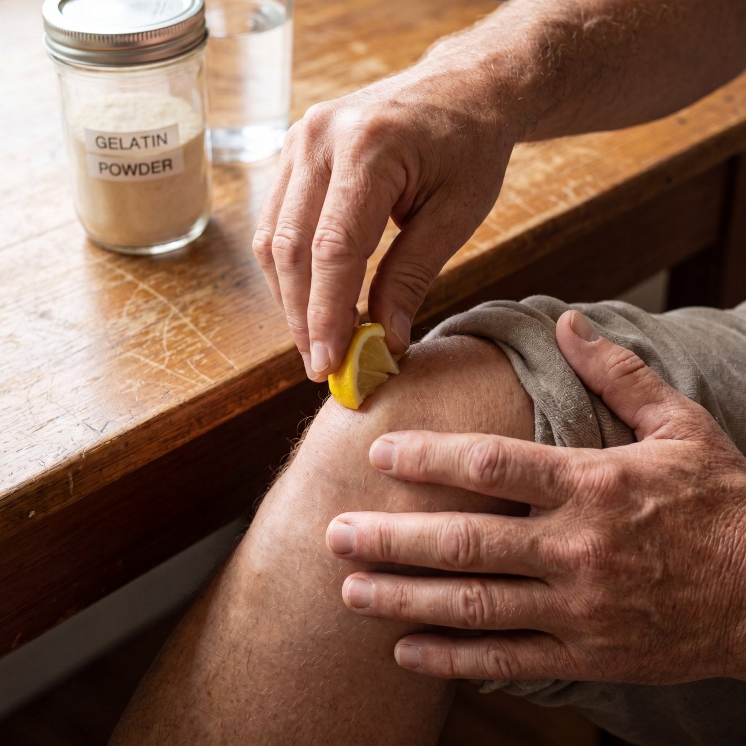 Hands massaging a lemon slice into a knee next to a gelatin powder jar