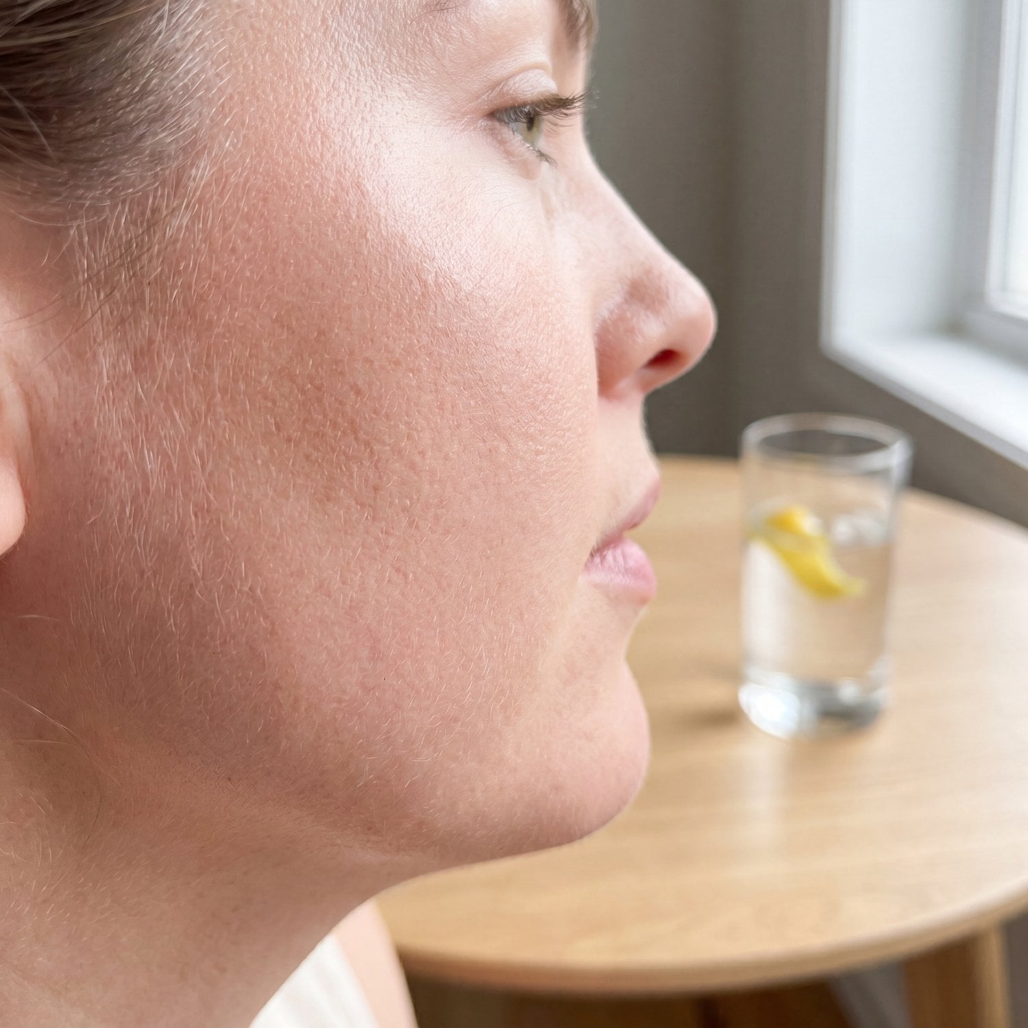 Profile of a woman's glowing skin with a water glass in the soft-focus background