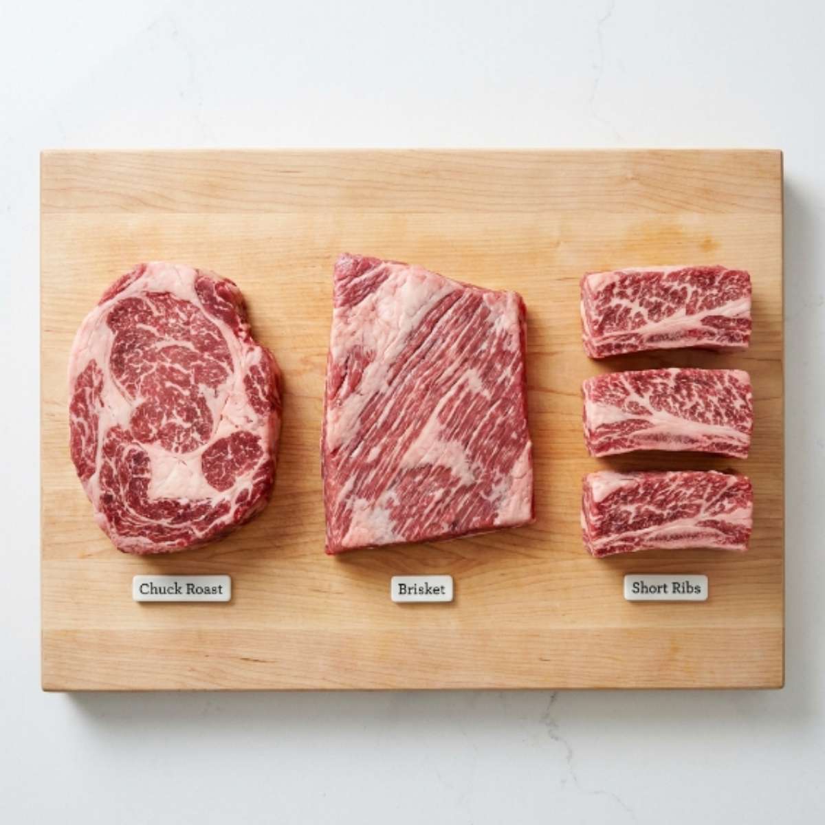 comparison-of-raw-chuck-roast-brisket-and-short-ribs-labeled-on-a-wooden-board