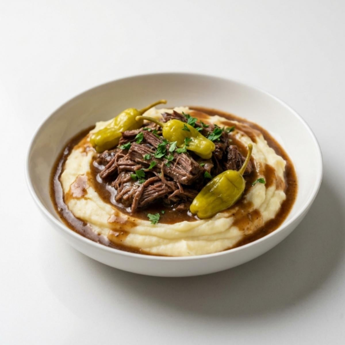 Mississippi Pot Roast served over Mashed Potatoes