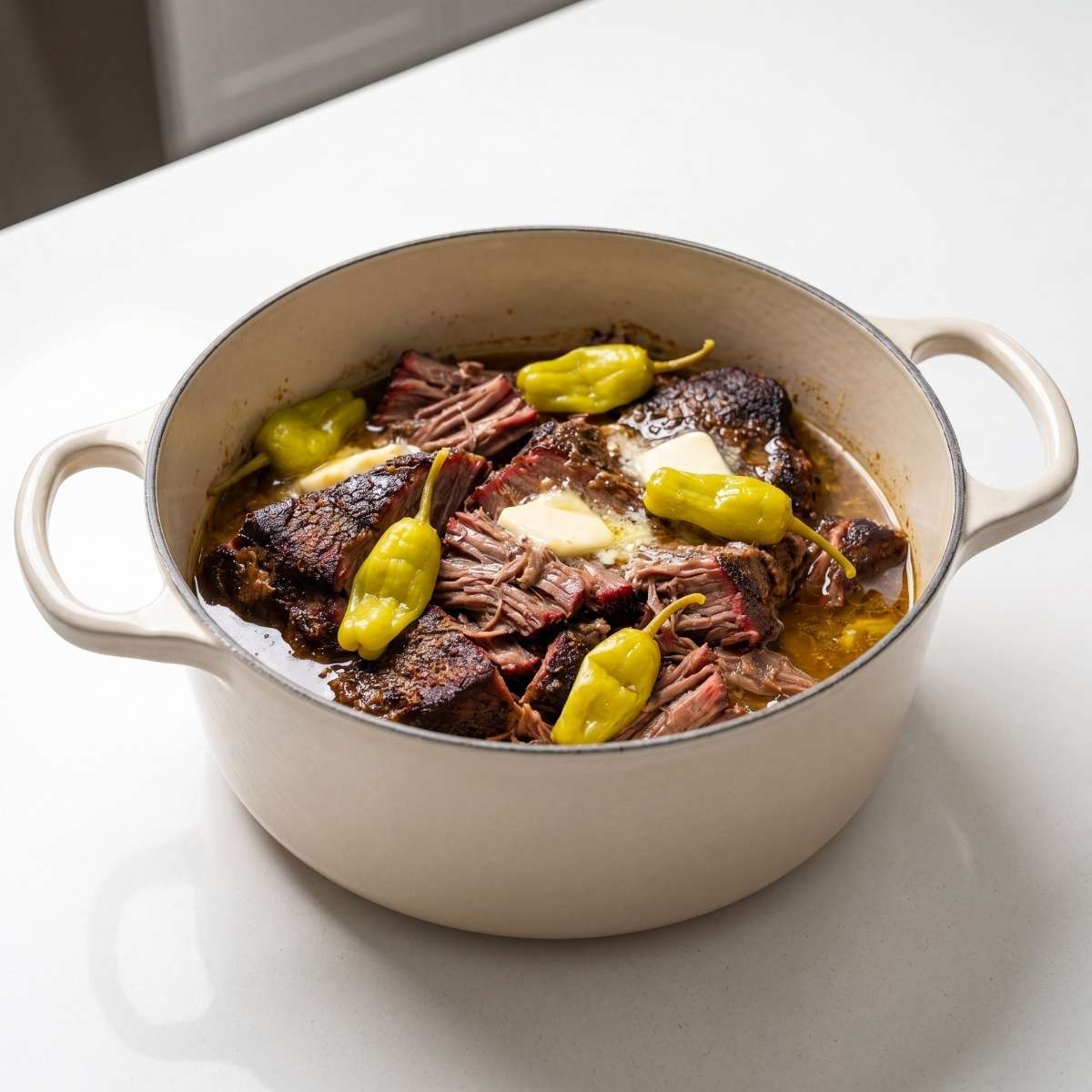 smoked mississippi pot roast on a pellet grill with pepperoncini and butter