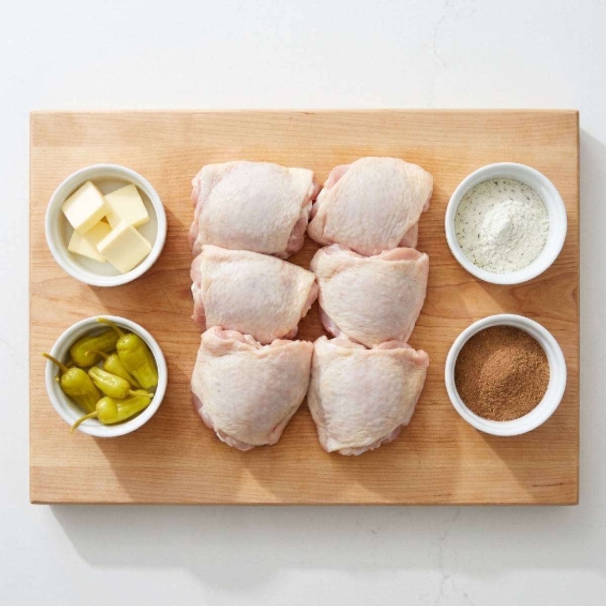 ingredients-for-chicken-mississippi-pot-roast-including-raw-chicken-thighs-butter-pepperoncini-and-seasoning-packets