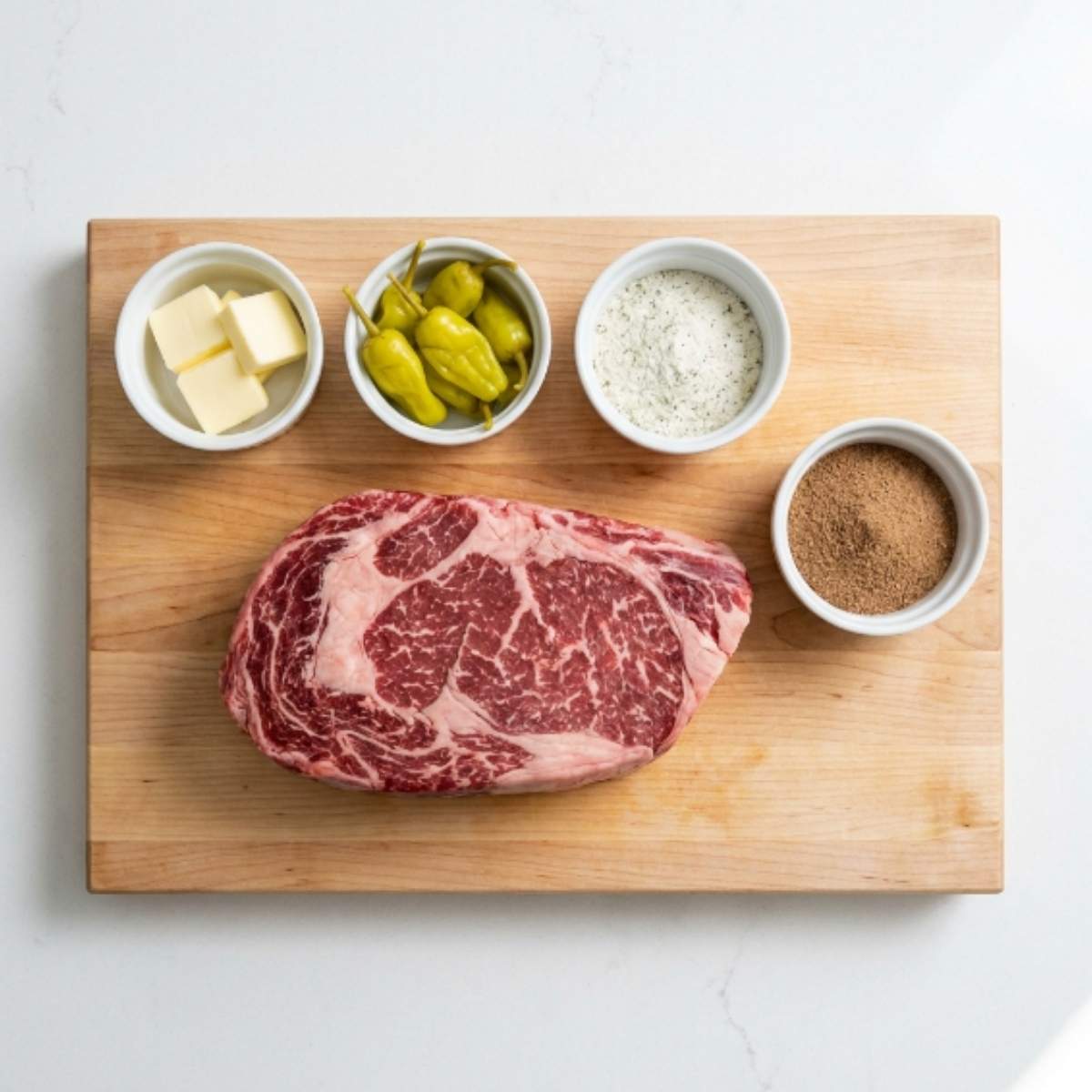 ingredients-for-mississippi-pot-roast-including-raw-chuck-roast-butter-pepperoncini-and-seasoning-packets-on-a-cutting-board