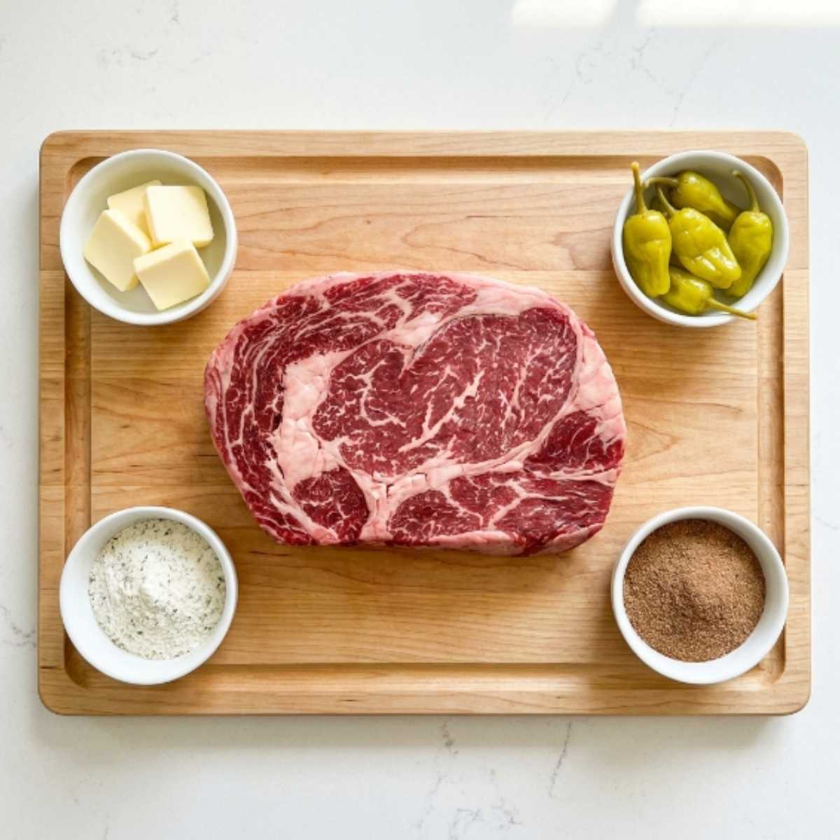 ingredients-for-oven-mississippi-pot-roast-including-raw-chuck-roast-butter-and-seasonings-on-a-wooden-board
