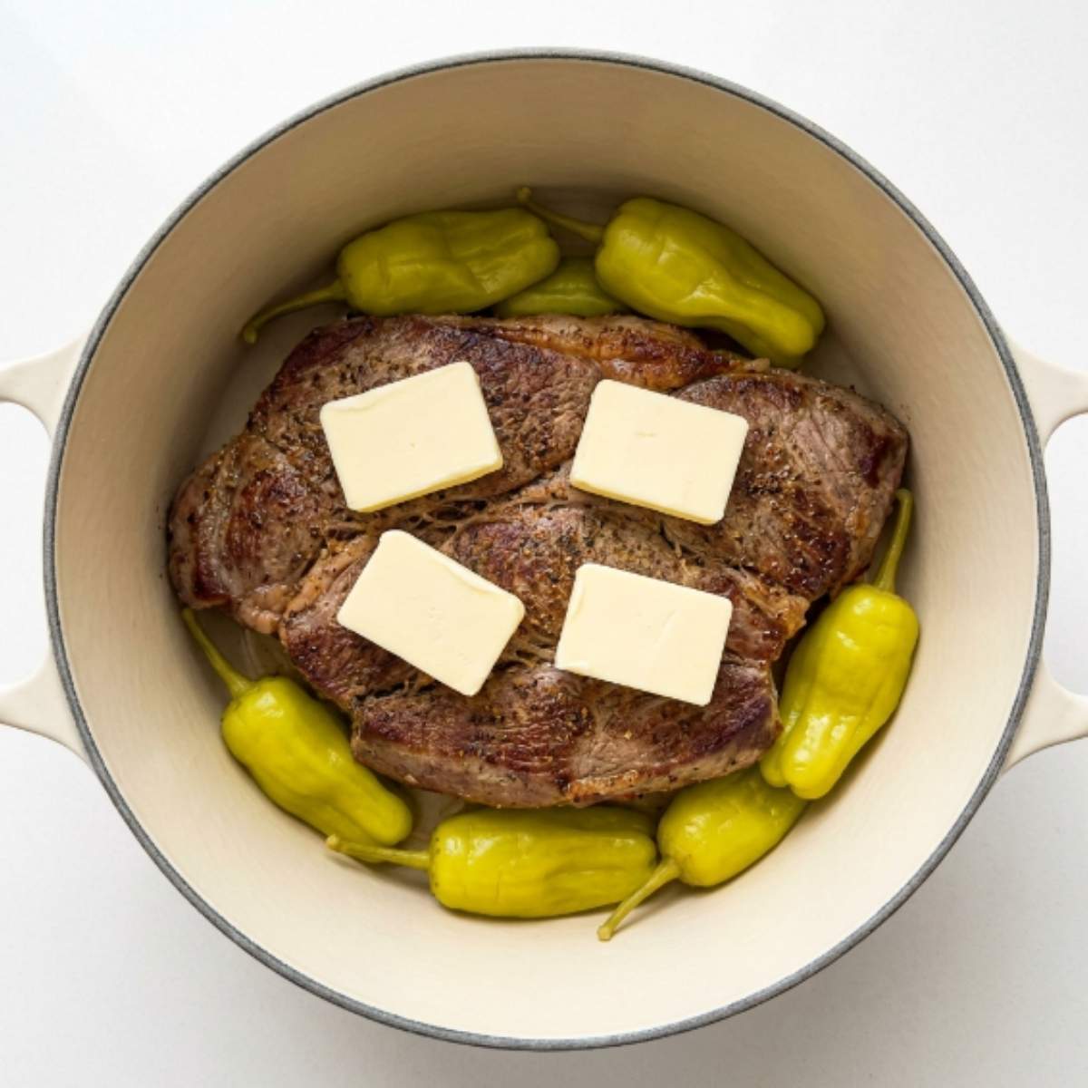 seared-chuck-roast-in-a-white-dutch-oven-topped-with-butter-pats-and-pepperoncini-peppers