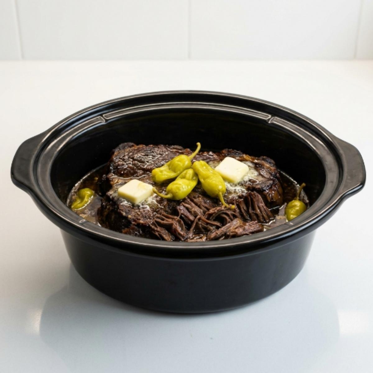 cooked-mississippi-pot-roast-with-butter-pats-and-pepperoncini-in-a-black-slow-cooker