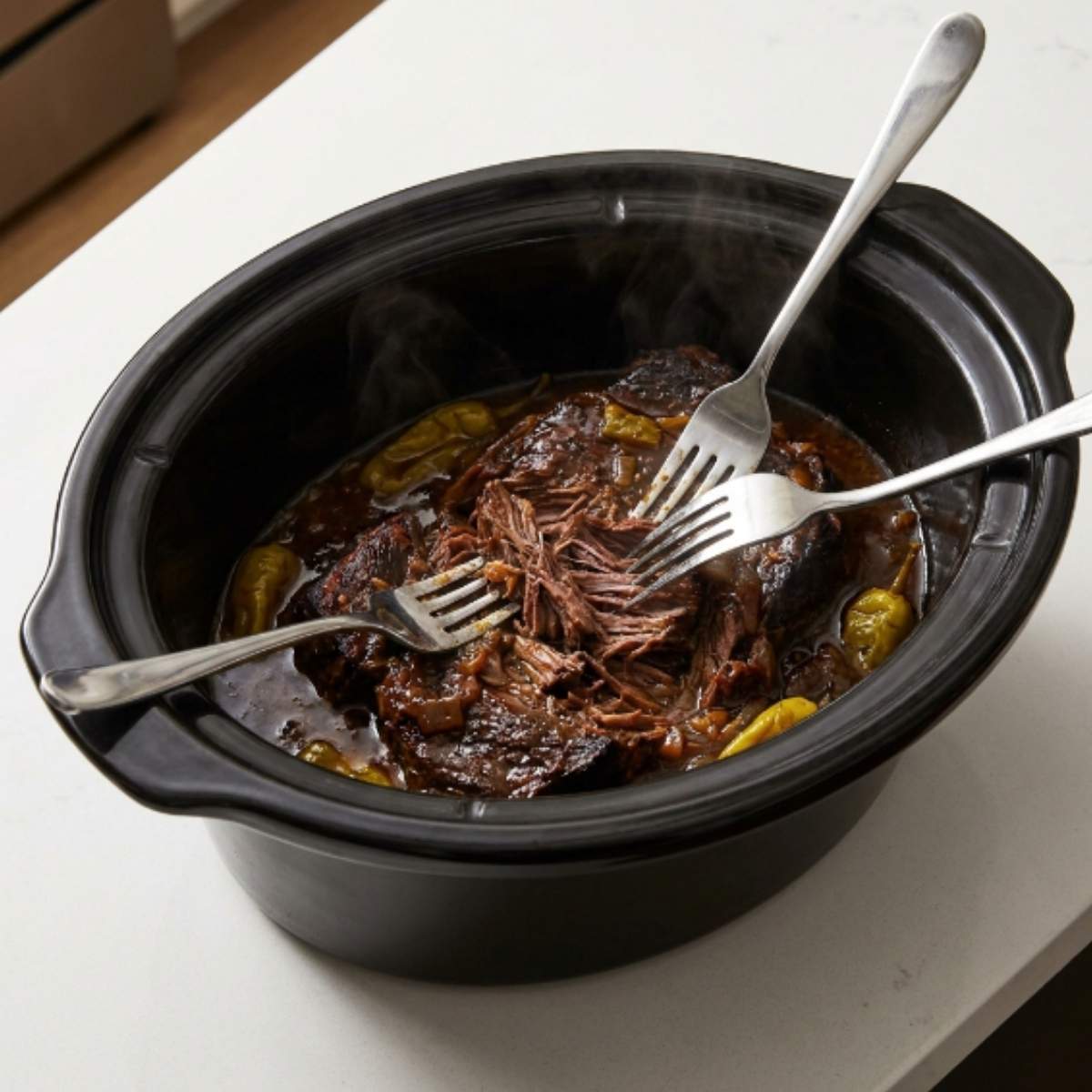 shredding-tender-mississippi-pot-roast-with-forks-in-a-black-slow-cooker-with-pepperoncini-peppers