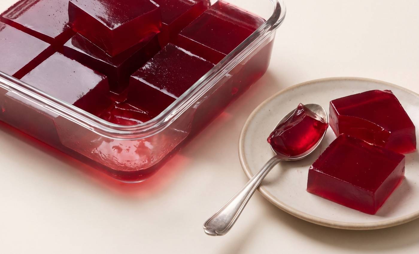 Beef gelatin jello recipe with firm red fruit juice jello cubes served on a plate with a spoon