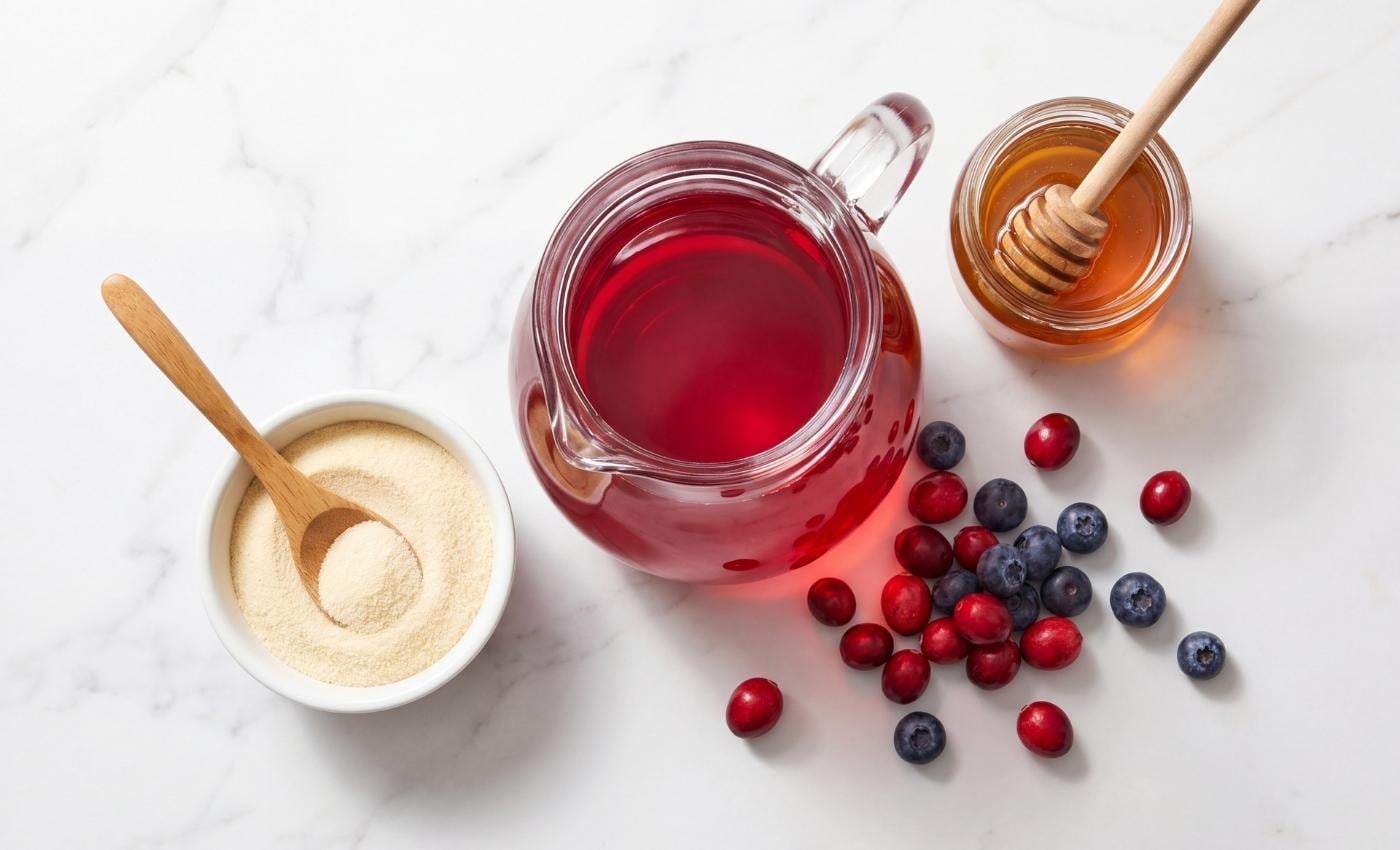 Beef collagen jello ingredients with beef gelatin powder, red fruit juice, honey, cranberries and blueberries