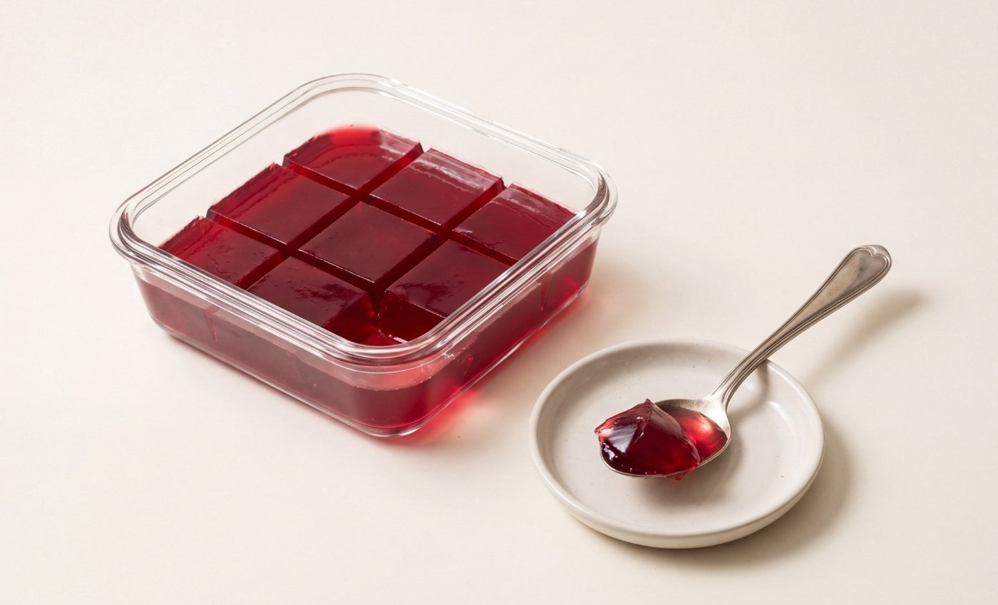 Beef collagen jello recipe made with fruit juice and beef gelatin, cut into squares and served with a spoon