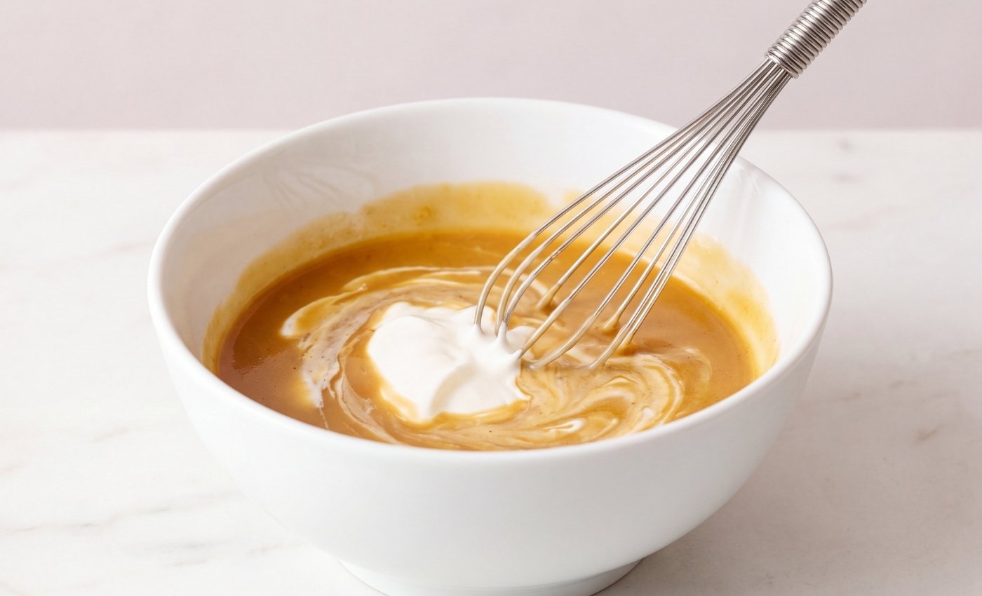 Close-up of a white bowl containing warm beef stroganoff sauce being mixed with sour cream using a wire whisk
