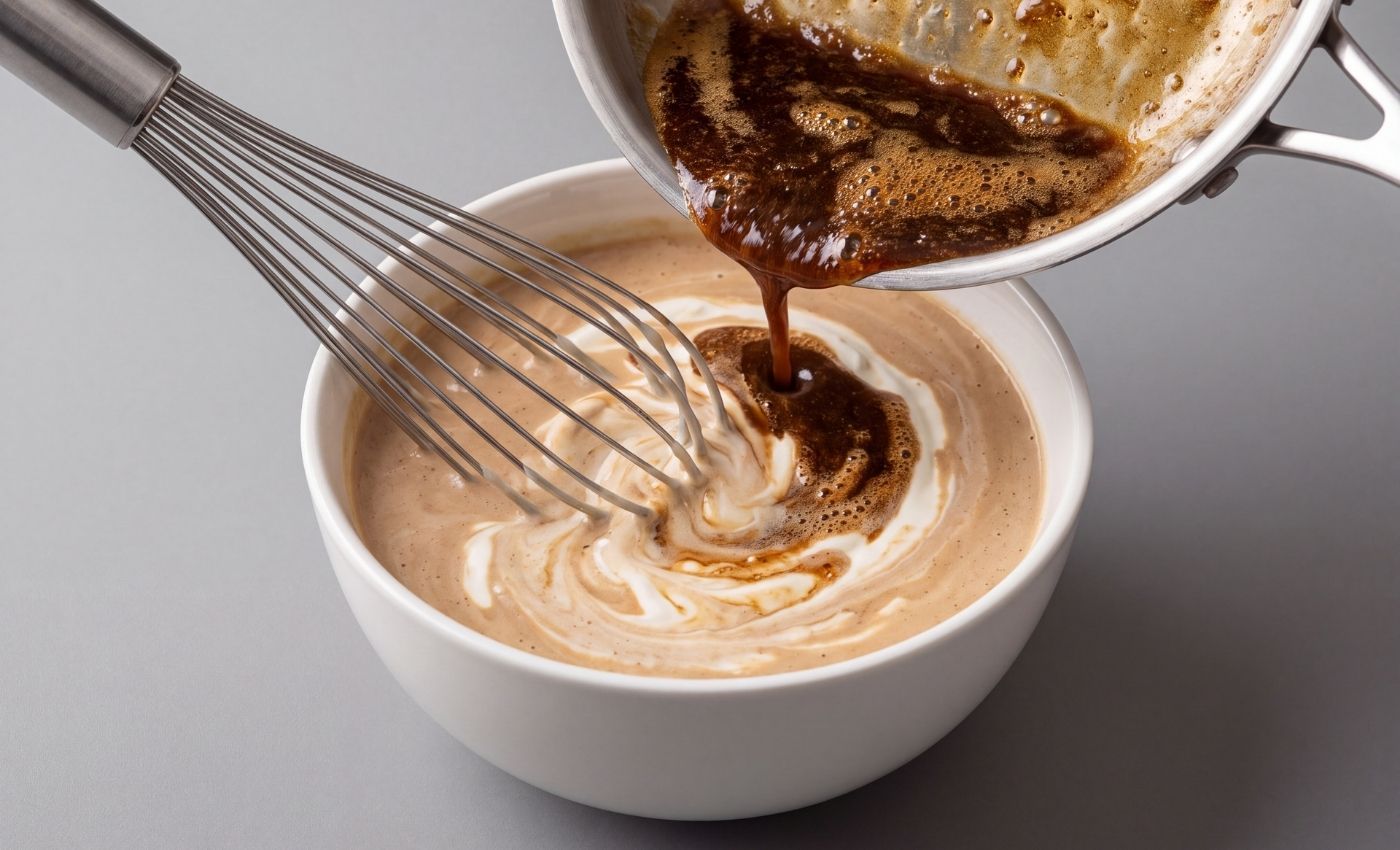Hot beef broth being whisked into sour cream and sauce base in a white bowl to temper the dairy
