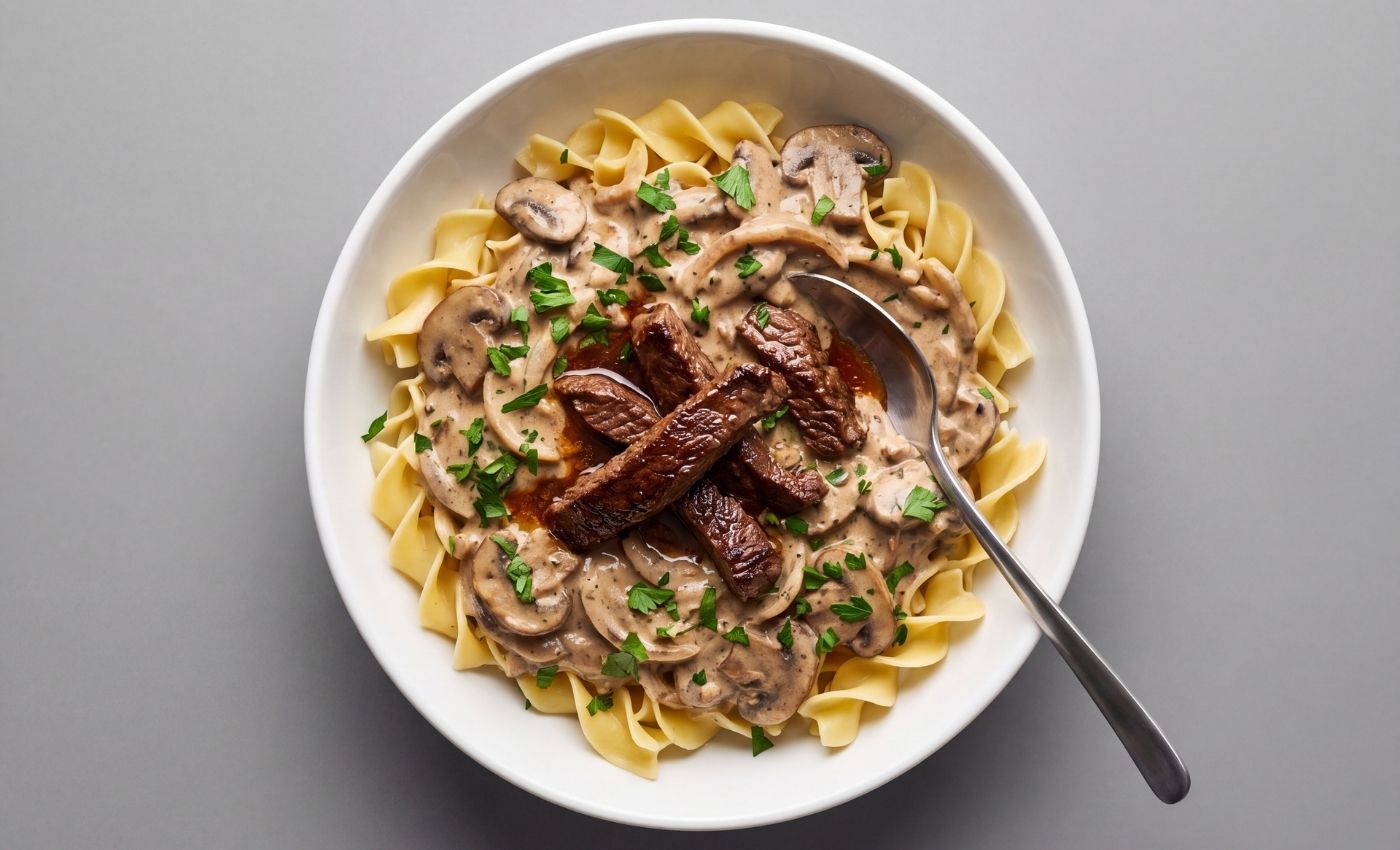 A white bowl of classic homemade beef stroganoff with tender strips of beef, mushrooms, and fresh parsley over wide egg noodles