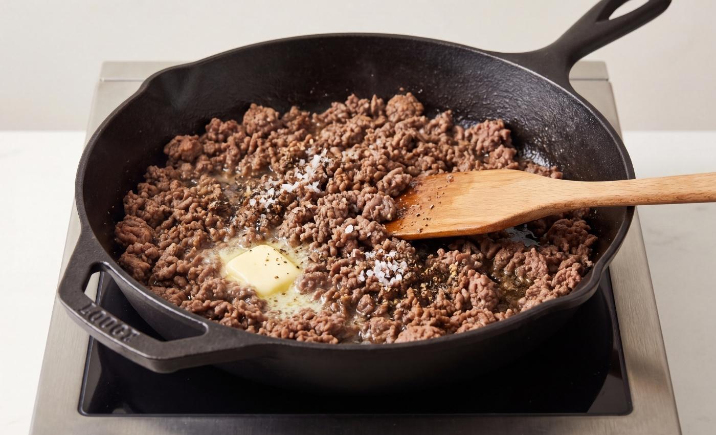 Ground beef cooking in a cast-iron skillet with butter, salt, and pepper being broken down with a wooden spatula