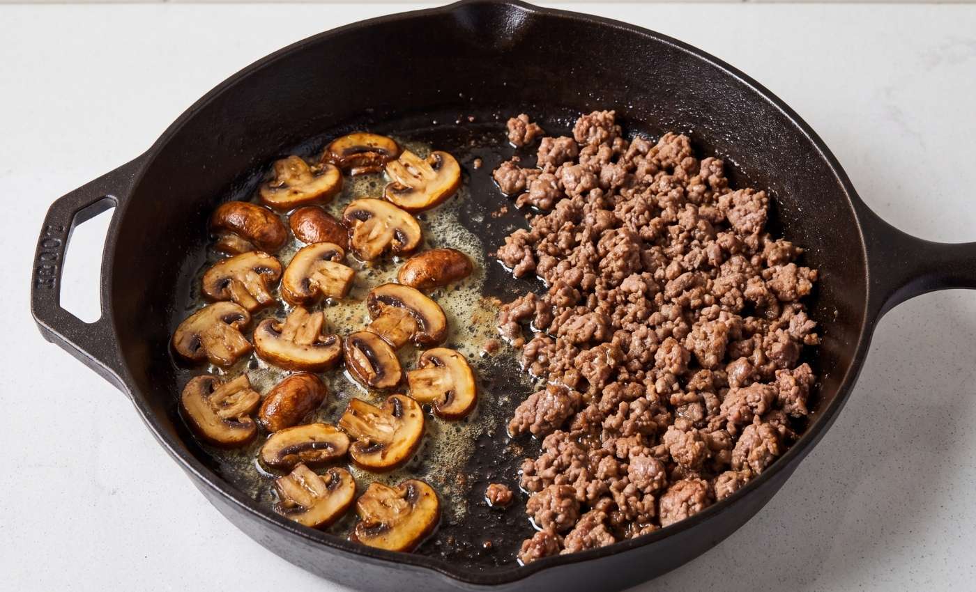 Ground beef pushed to the side of a skillet while sliced cremini mushrooms brown in melted butter on the other side