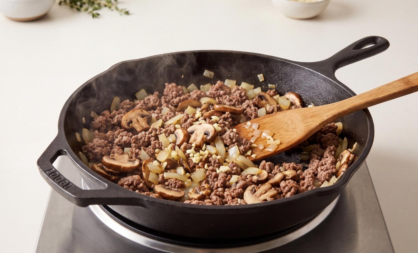 Diced onions and minced garlic added to the skillet with ground beef and browned mushrooms
