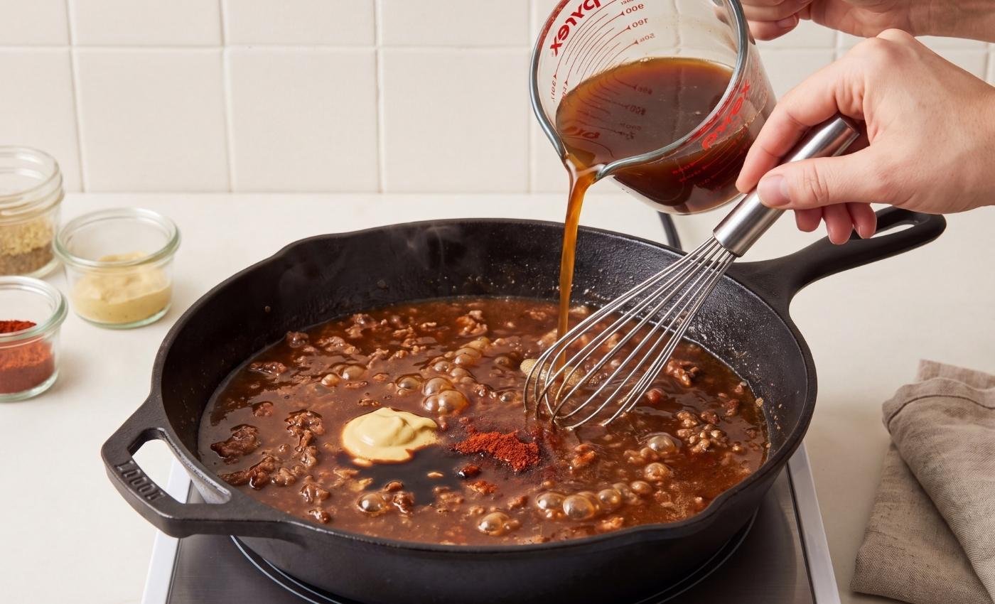 Beef broth being poured from a measuring cup into the skillet while whisking Dijon mustard, Worcestershire sauce, and paprika