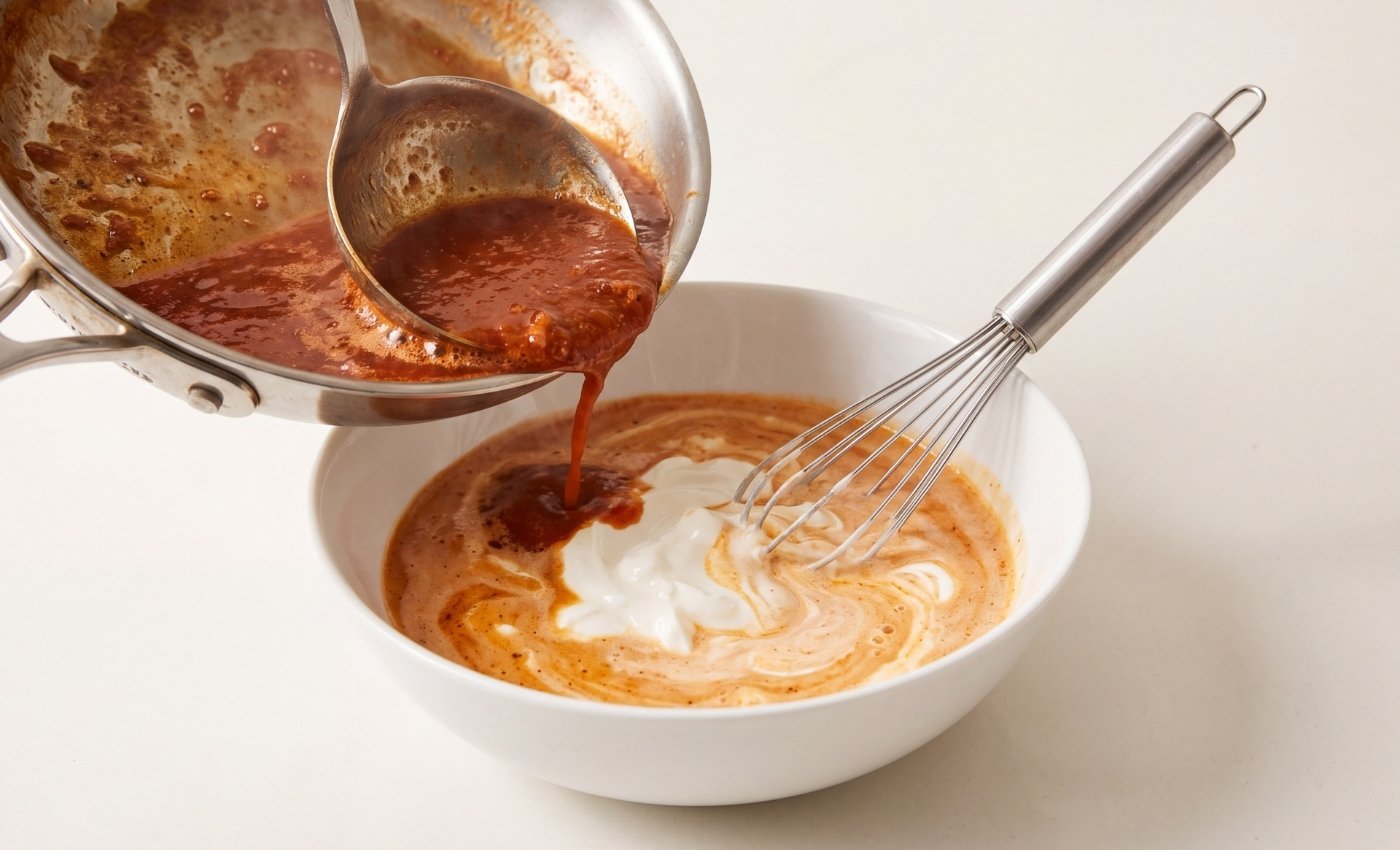 Hot sauce being ladled from the skillet into a bowl containing sour cream to temper the dairy
