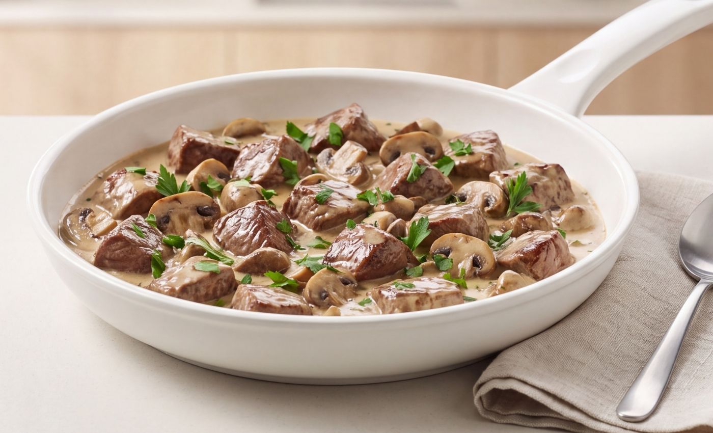 A white skillet filled with Sauté de Bœuf à la Parisienne, featuring tender beef tenderloin chunks and mushrooms in a rich heavy cream sauce garnished with parsley