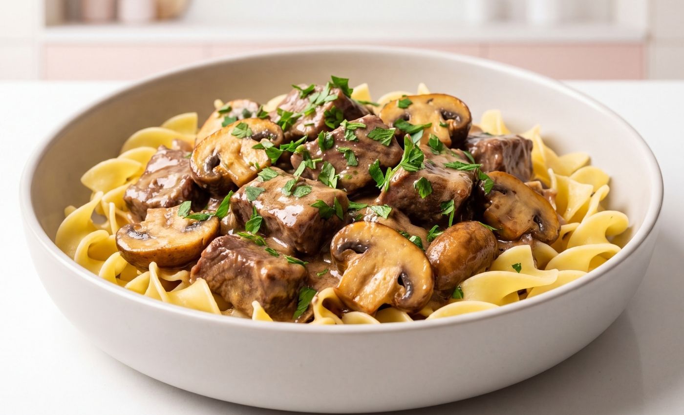 A bowl of Instant Pot beef stroganoff featuring tender chuck roast chunks and mushrooms in a creamy sauce over egg noodles