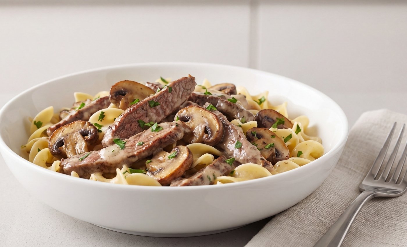 A white bowl of quick 30-minute beef stroganoff with sliced sirloin and mushrooms over wide egg noodles with a fork