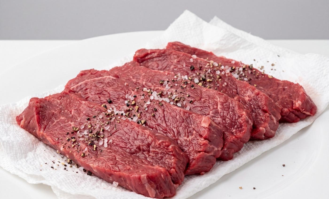 Sliced top sirloin steaks seasoned with salt and pepper on white paper towels, ready to be prepared for beef stroganoff