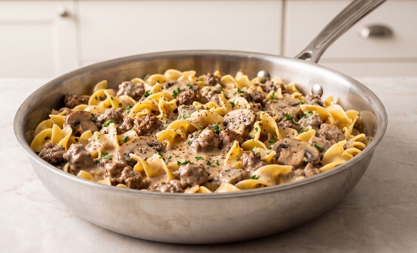 A stainless steel skillet filled with cream of mushroom soup beef stroganoff, ground beef, and egg noodles tossed together