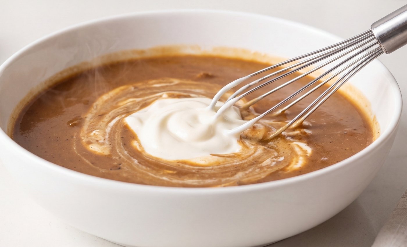 A whisk blending steaming beef stroganoff sauce and sour cream together in a white bowl