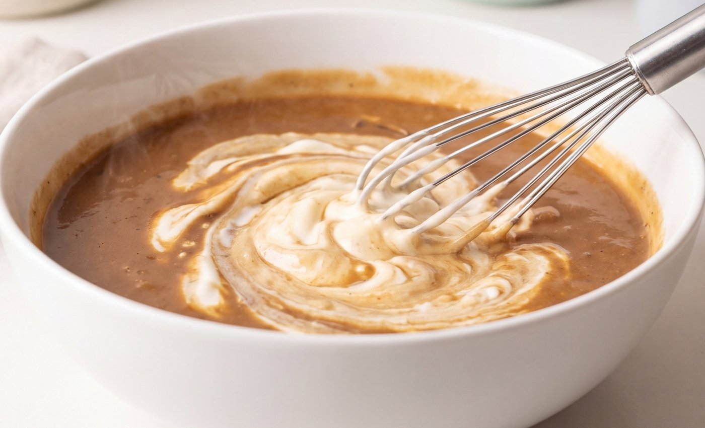 Hot slow cooker sauce being whisked with sour cream in a white bowl to temper the dairy