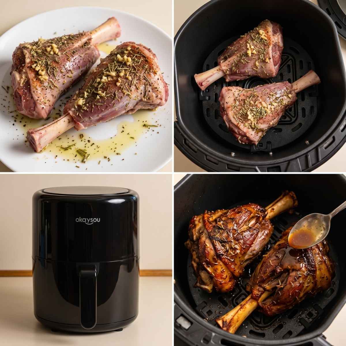 Step-by-step process for air fryer lamb shanks, from seasoning to searing to glazing with pan juices