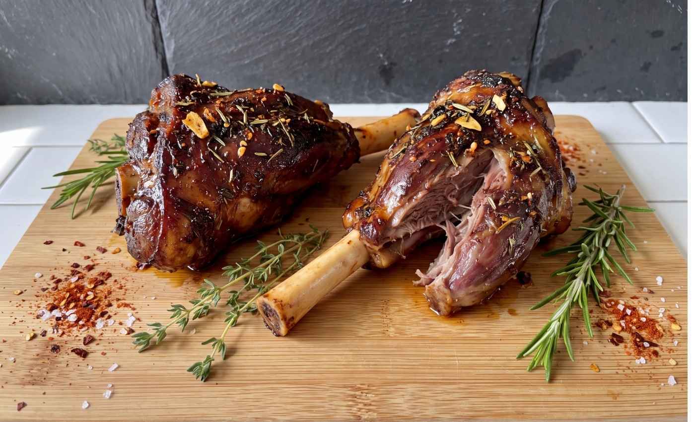Two roasted lamb shanks from the air fryer garnished with rosemary, thyme, and chili flakes