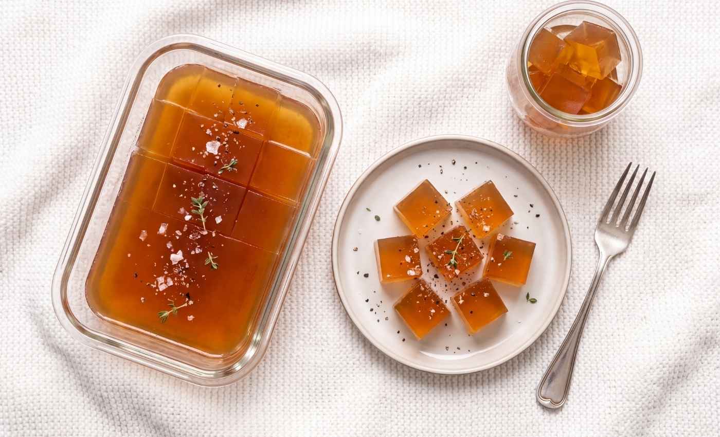 Overhead view of homemade beef jelly cut into cubes in a glass container and plated with a fork