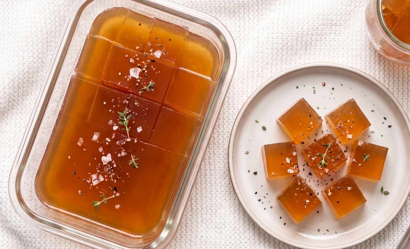 Sliced beef jelly cubes served on a plate with flaky salt and fresh thyme, alongside a jar of beef jelly