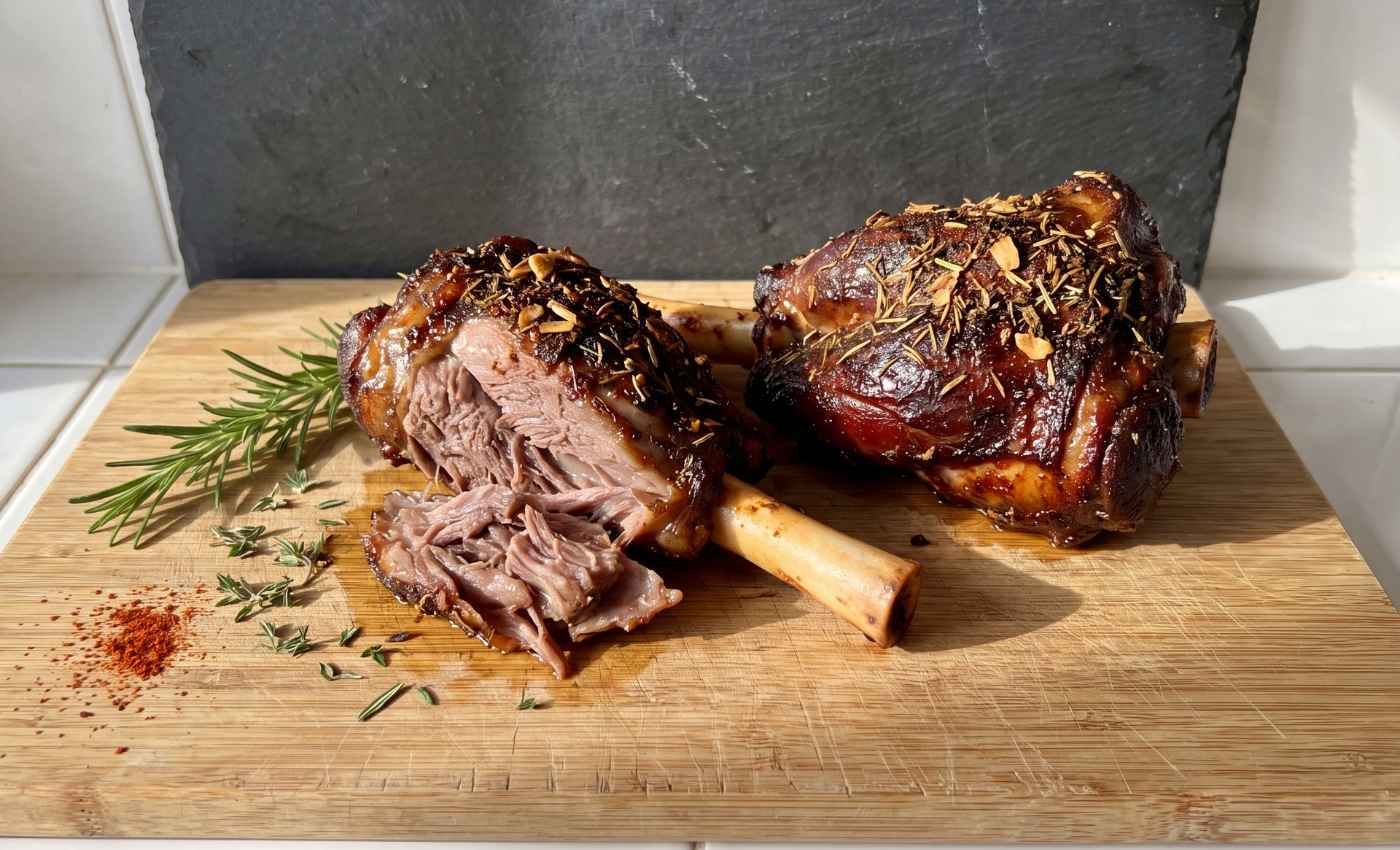 Air fryer lamb shanks on a cutting board with one sliced open showing tender, fall-off-the-bone meat